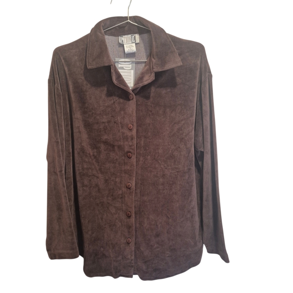 New Vintage Brown Velour Velvet Long Sleeve Button Up Shirt Size Small NWT Y2K
